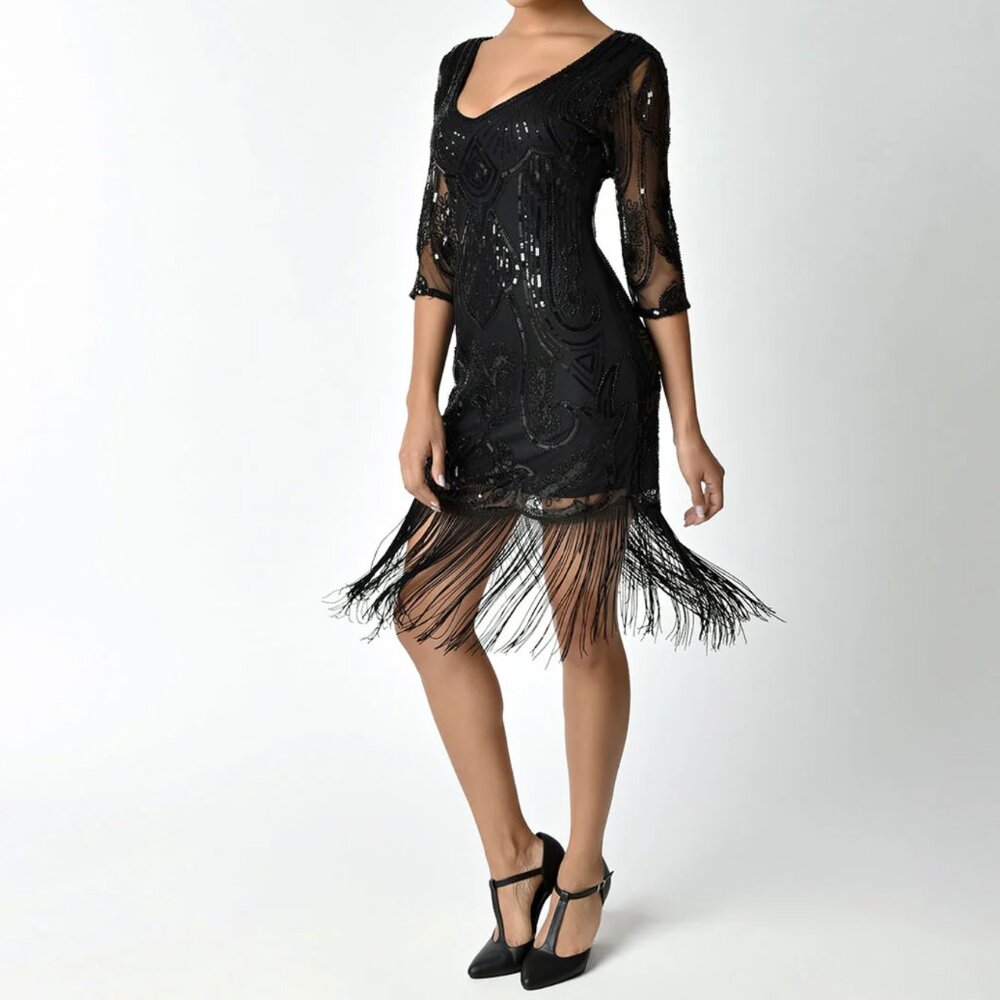 1920s Style Black Beaded & Sequin Margaux Sleeved Fringe Dress